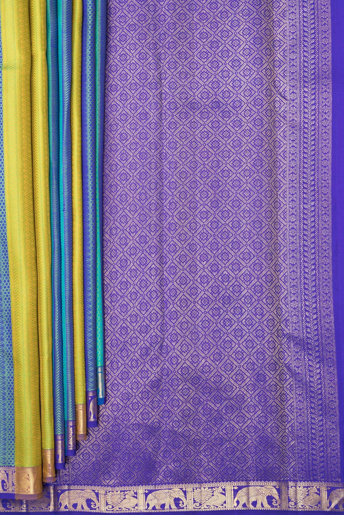 Pleats and pallu of Pure Silk Multi Color Kanchipuram Saree with Jacquard design on the body and Zari Border. 