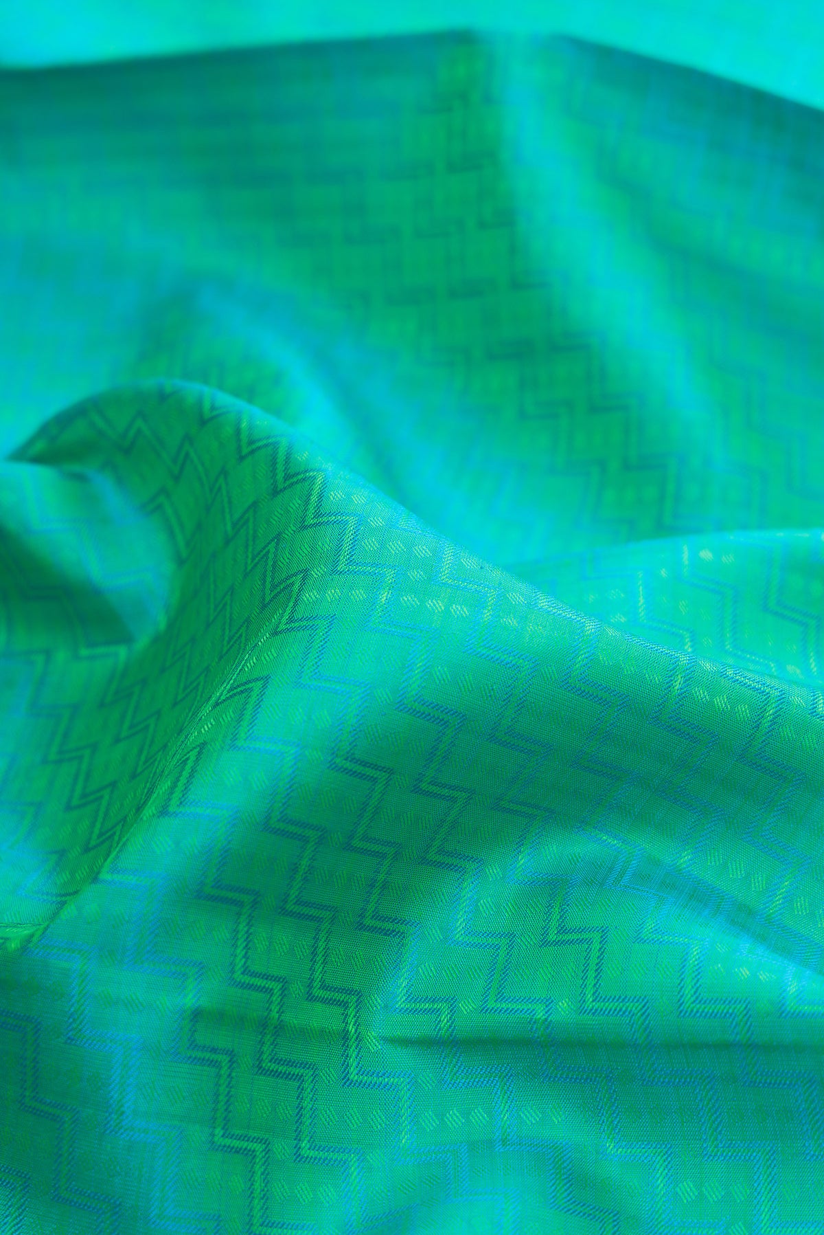 Close up of Pure Silk Sea Green Kanchipuram Saree with Jacquard design on the body and Fancy Border.  displaying folds