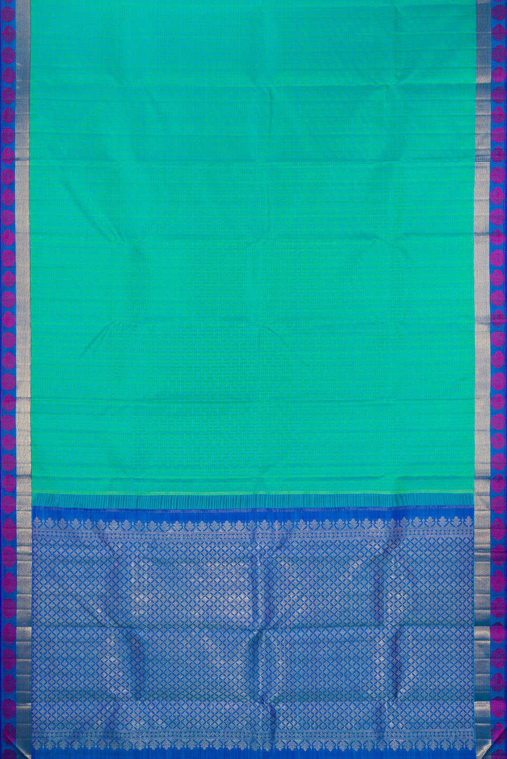 Flat view of Pure Silk Sea Green Kanchipuram Saree with Jacquard design on the body and Fancy Border. 