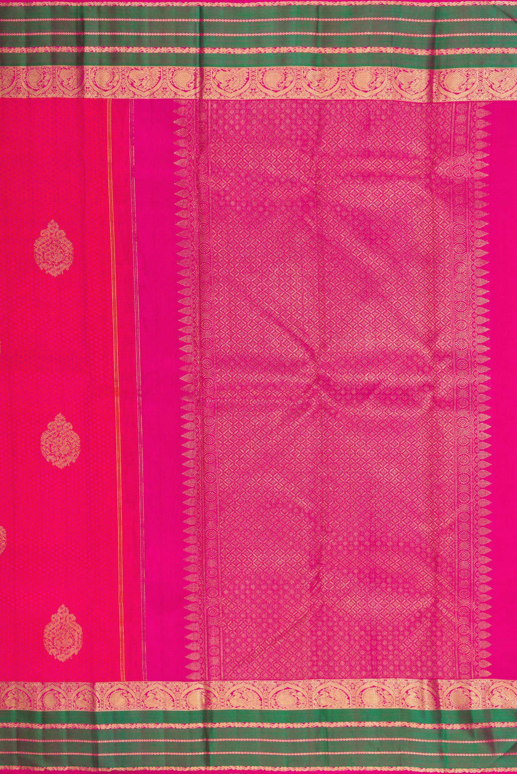 Close up image of the pallu of Pure Silk Pink Kanchipuram Saree with Jacquard design on the body and Fancy Border. 