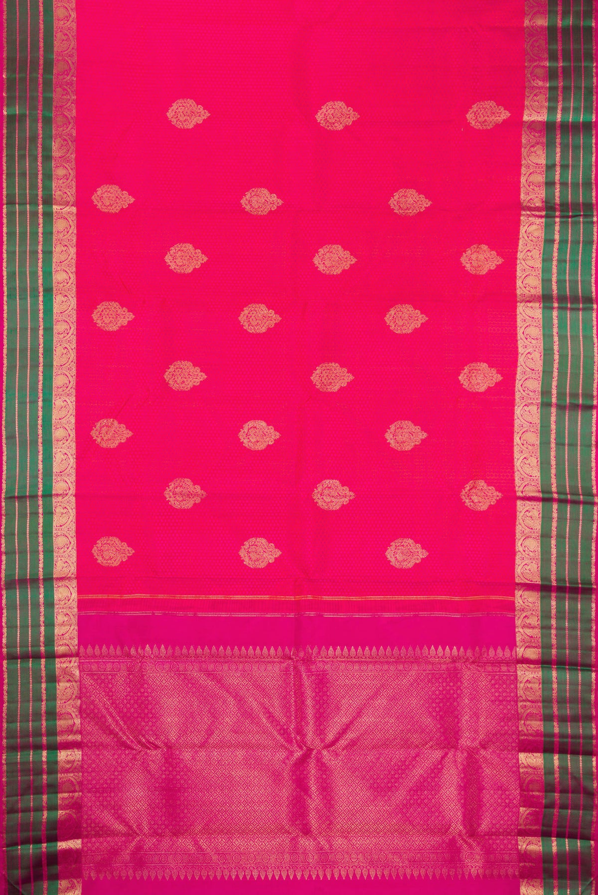 Flat view of Pure Silk Pink Kanchipuram Saree with Jacquard design on the body and Fancy Border. 
