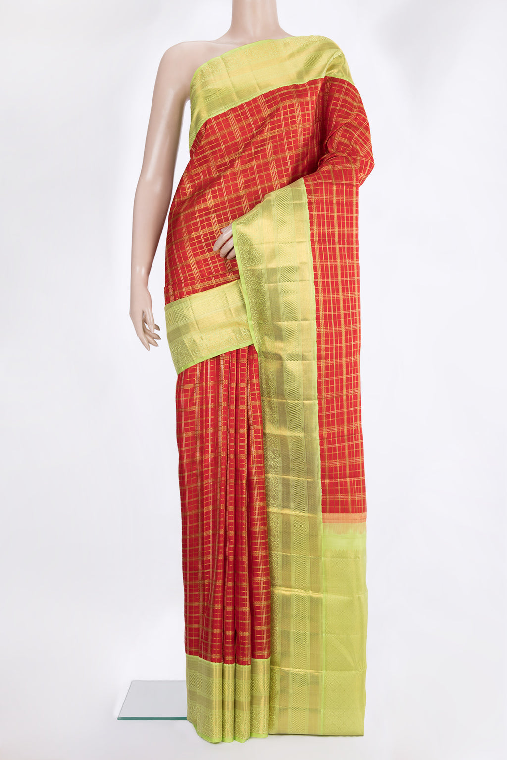 Pure Silk Red Kanchipuram Saree with Checked design on the body and Zari Border.  displayed on a mannequin