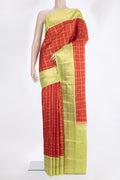 Pure Silk Red Kanchipuram Saree with Checked design on the body and Zari Border.  displayed on a mannequin