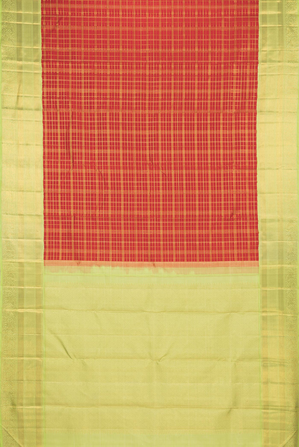 Flat view of Pure Silk Red Kanchipuram Saree with Checked design on the body and Zari Border. 