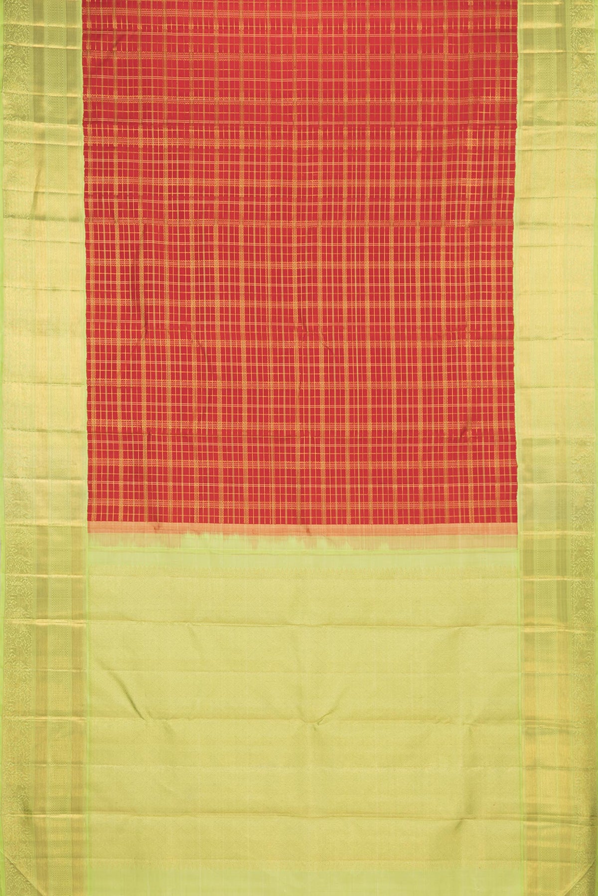 Flat view of Pure Silk Red Kanchipuram Saree with Checked design on the body and Zari Border. 