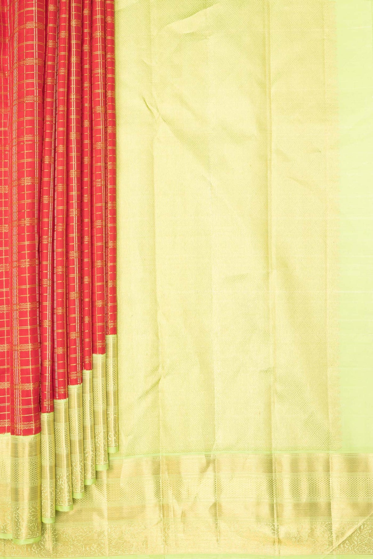 Pleats and pallu of Pure Silk Red Kanchipuram Saree with Checked design on the body and Zari Border. 