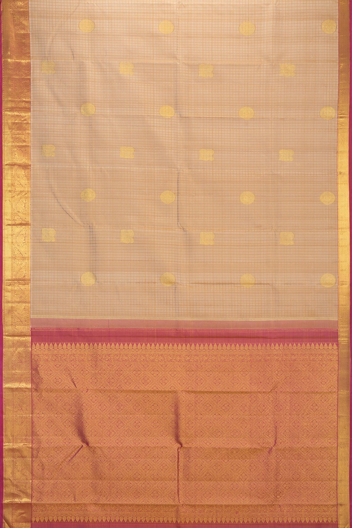 Flat view of Pure Silk Beige Dual Tone Kanchipuram Saree with Checked design on the body and Zari Border. 