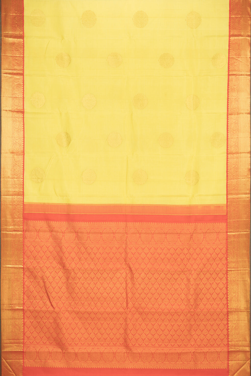 Flat view of Pure Silk Yellow Kanjivaram Saree with Zari Butta on the body and Zari Border. 