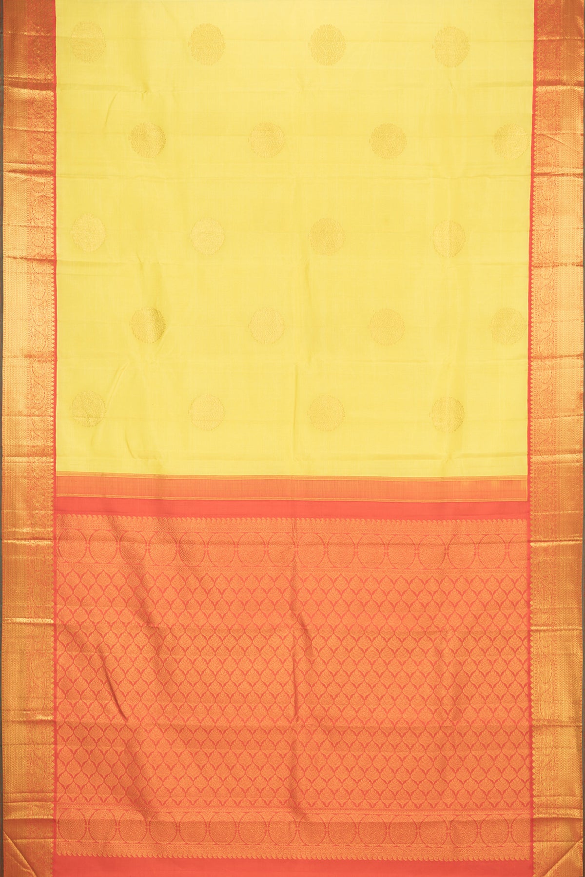 Flat view of Pure Silk Yellow Kanjivaram Saree with Zari Butta on the body and Zari Border. 