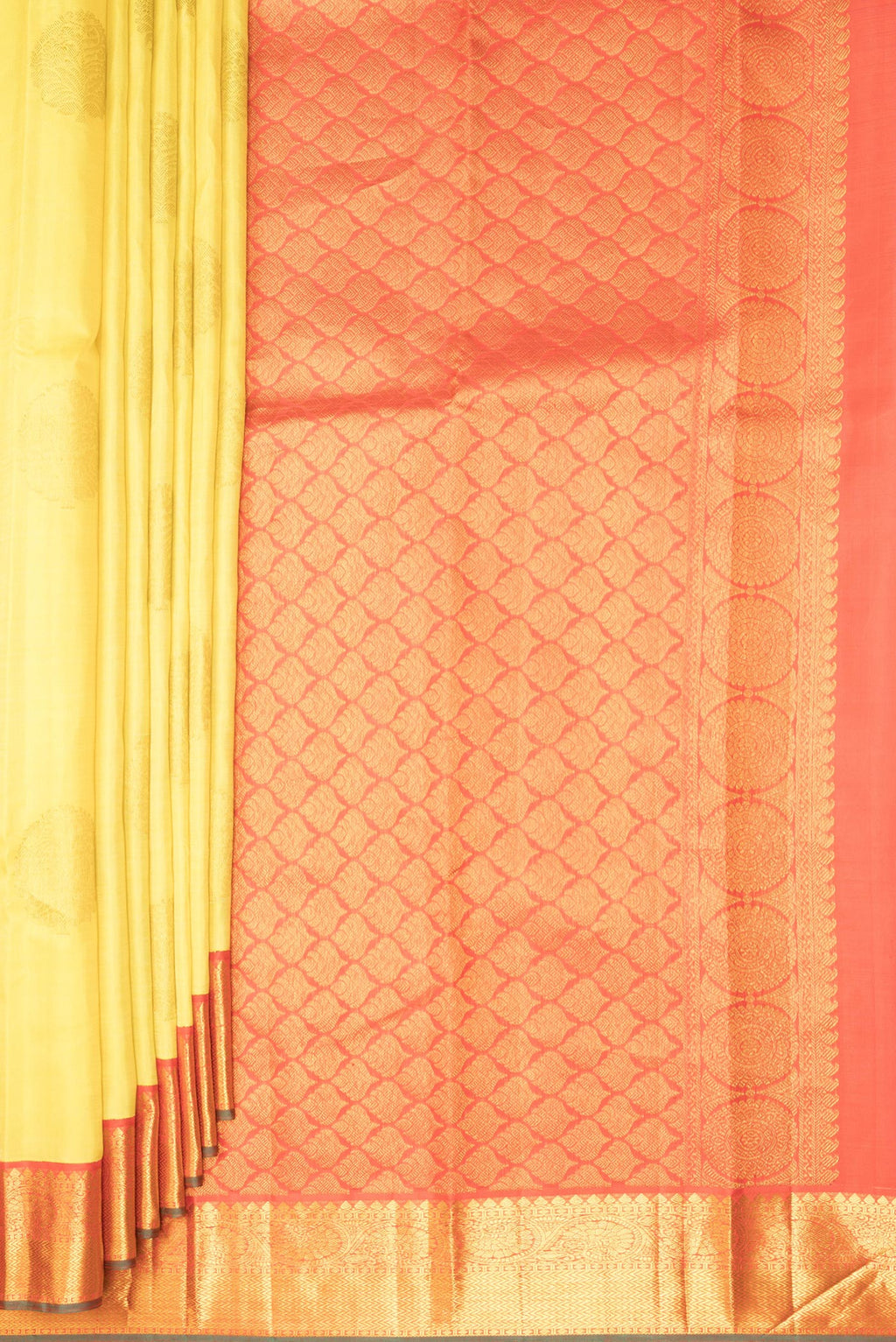 Pleats and pallu of Pure Silk Yellow Kanjivaram Saree with Zari Butta on the body and Zari Border. 
