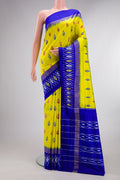 Pure Silk Lemon Yellow Pochampally Saree with Ikat design on the body and Ikat Border.  displayed on a mannequin