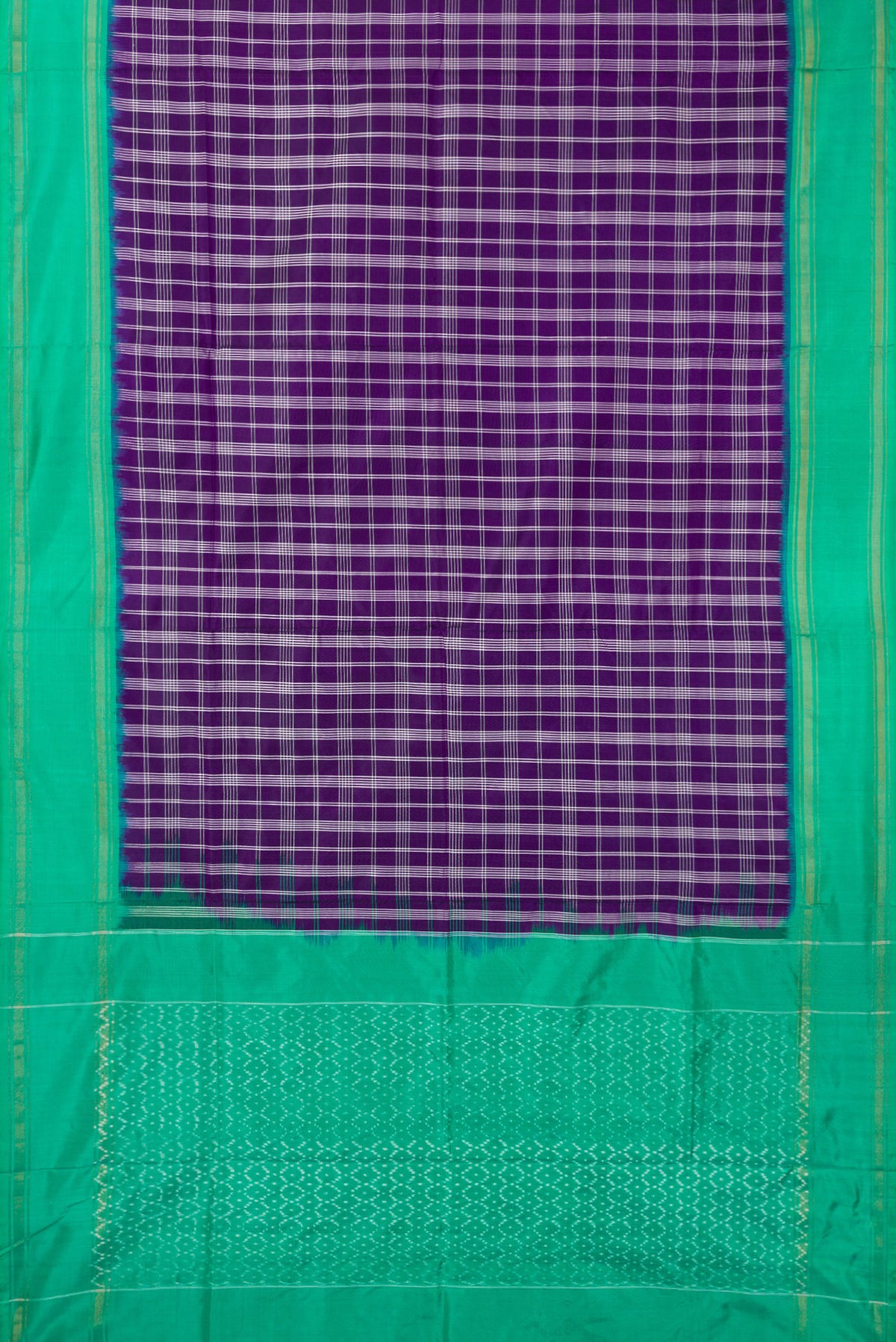 Flat view of Pure Silk Purple Pochampally Saree with Checked design on the body and Zari Border. 