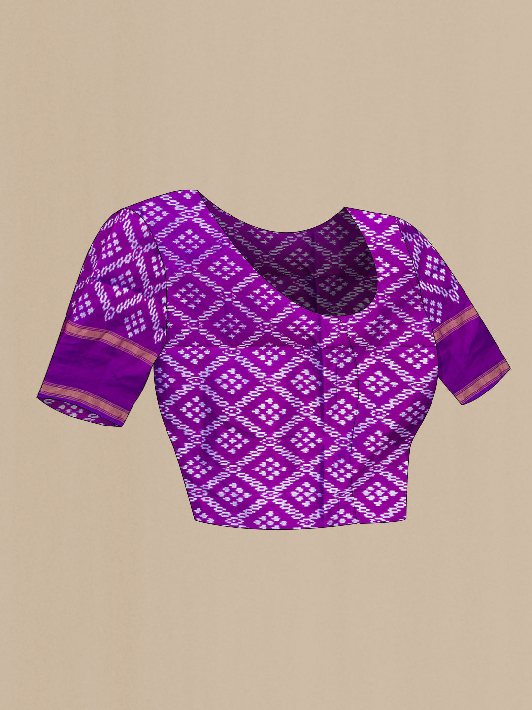 Close up image of the blouse of Pure Silk Coral Pochampally Saree with Checked design on the body and Temple Border. 