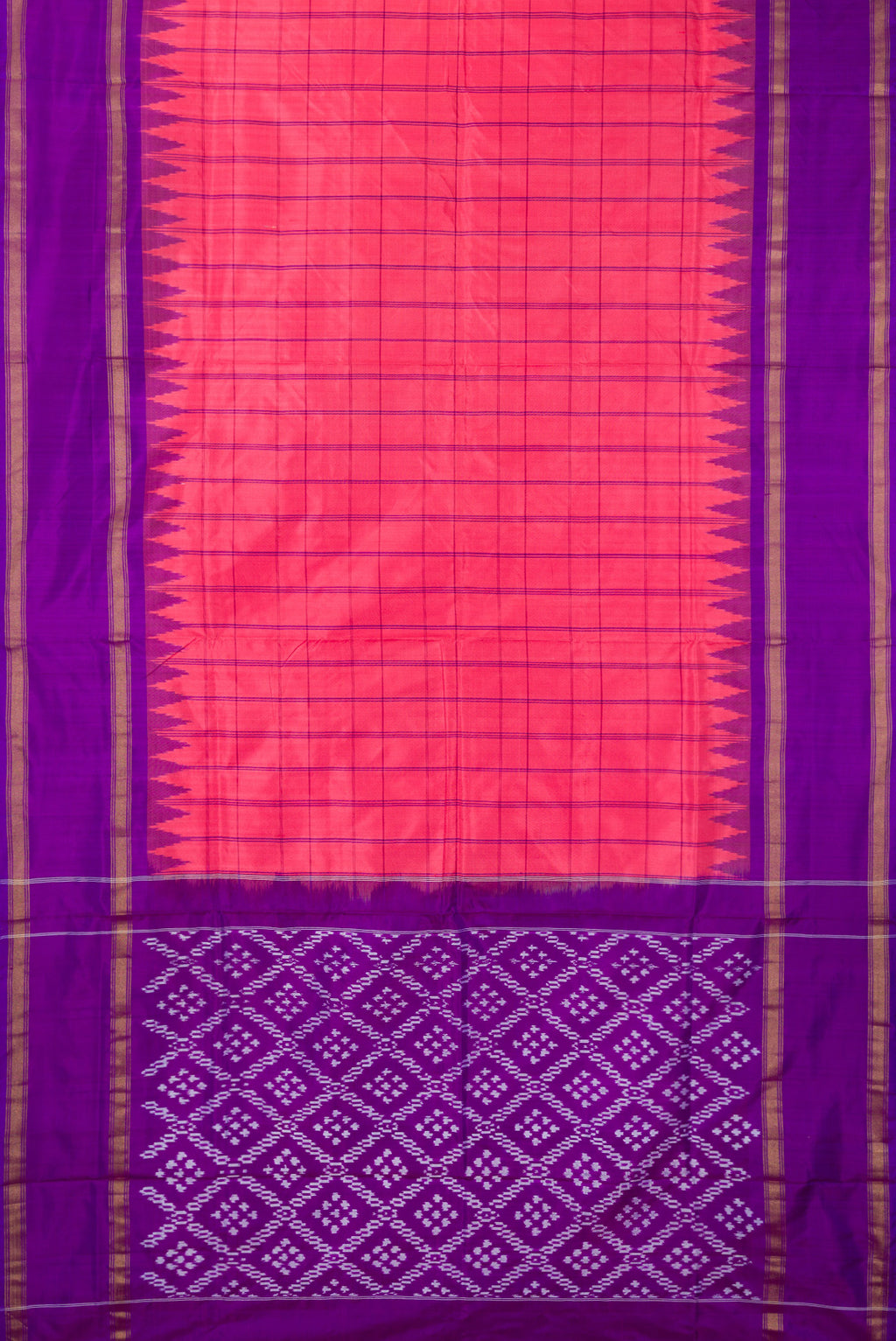 Flat view of Pure Silk Coral Pochampally Saree with Checked design on the body and Temple Border. 