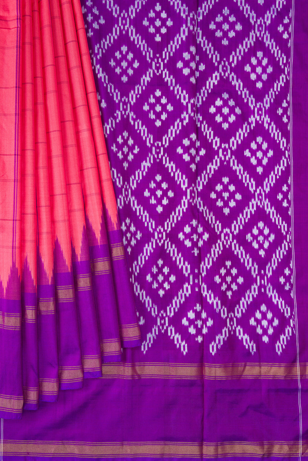 Pleats and pallu of Pure Silk Coral Pochampally Saree with Checked design on the body and Temple Border. 