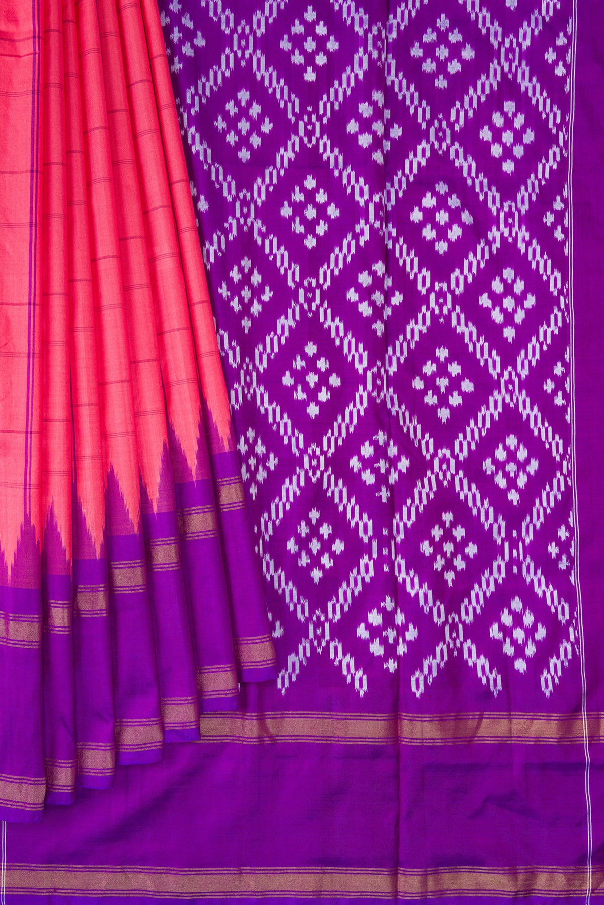Pleats and pallu of Pure Silk Coral Pochampally Saree with Checked design on the body and Temple Border. 