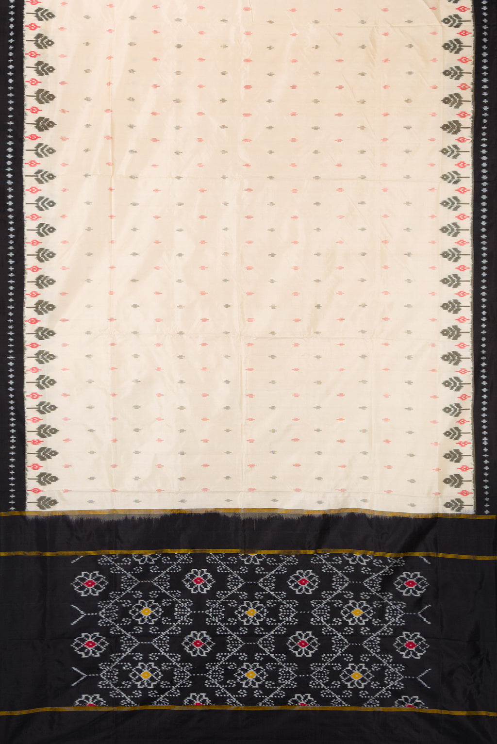 Flat view of Pure Silk Off White Pochampally Saree with Pure Ikat on the body and Ikat Border. 