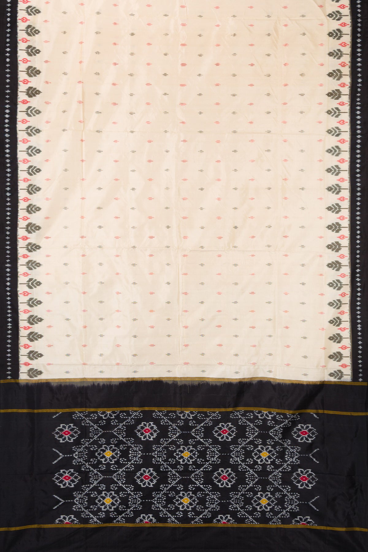 Flat view of Pure Silk Off White Pochampally Saree with Pure Ikat on the body and Ikat Border. 