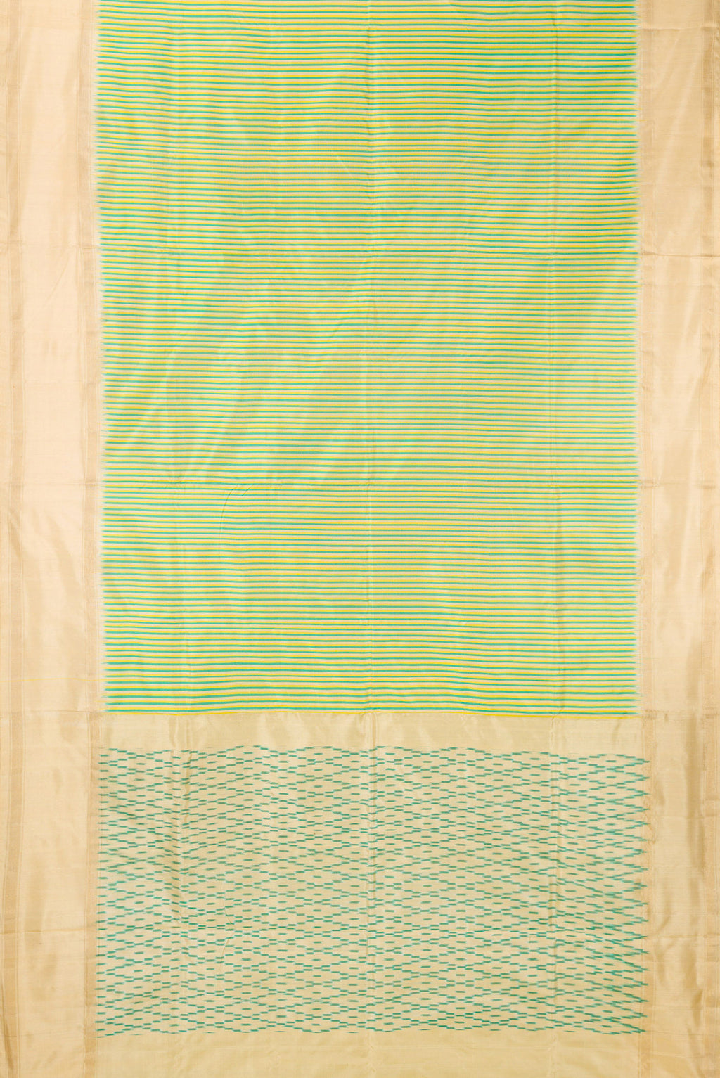 Flat view of Pure Silk Multi Color Pochampally Saree with Stripes on the body and Zari Border. 