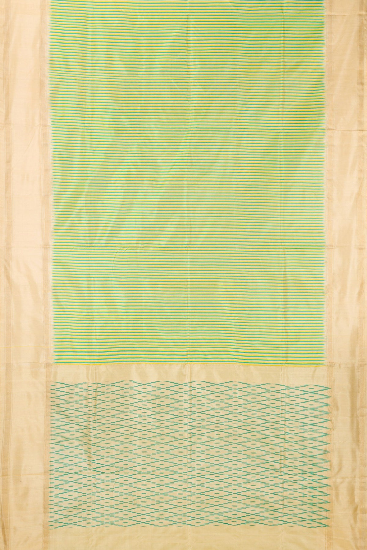 Flat view of Pure Silk Multi Color Pochampally Saree with Stripes on the body and Zari Border. 