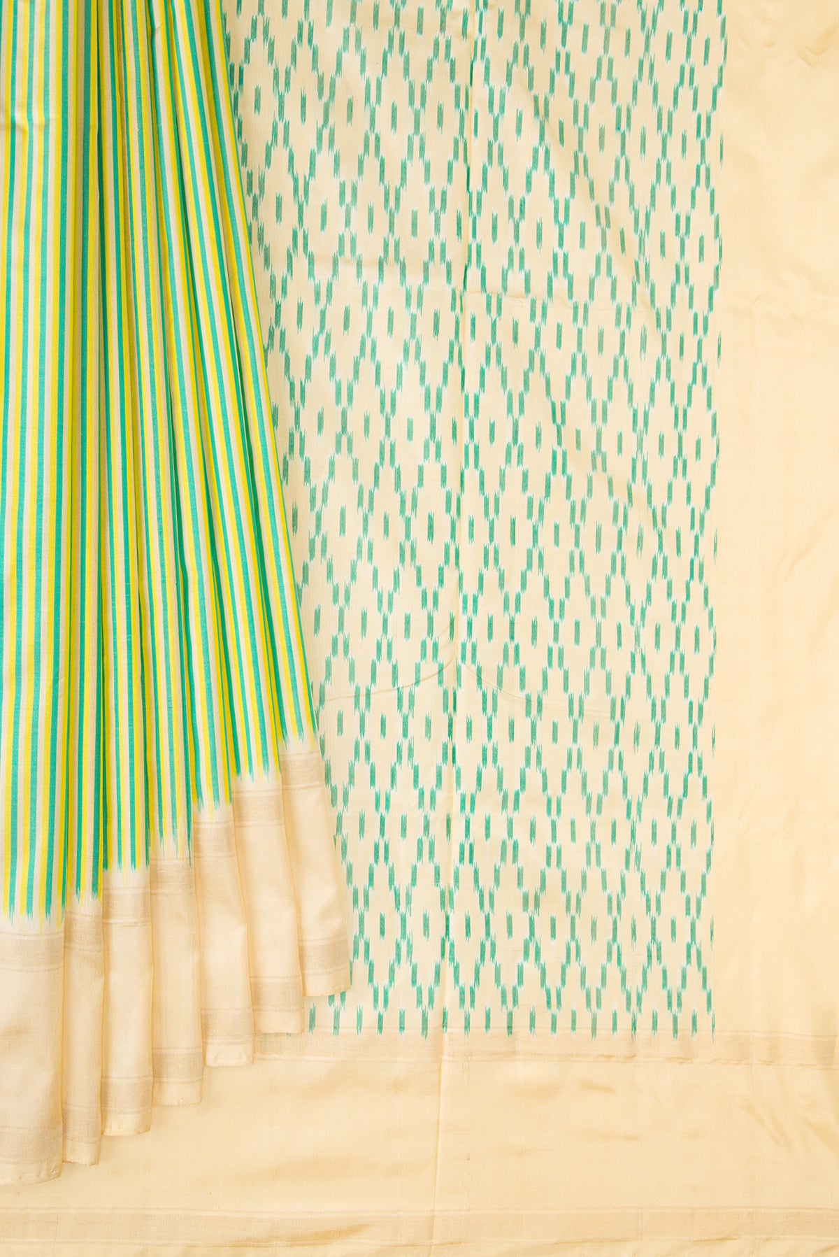 Pleats and pallu of Pure Silk Multi Color Pochampally Saree with Stripes on the body and Zari Border. 