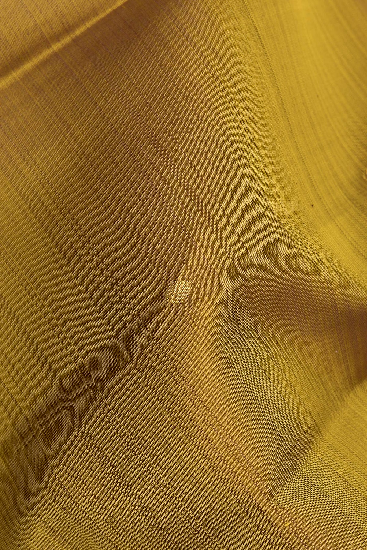 Close up of Pure Silk Mehandi Green Dual Tone Kanjivaram Saree with Zari Butta on the body and Zari Border.  displaying folds