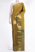 Pure Silk Mehandi Green Dual Tone Kanjivaram Saree with Zari Butta on the body and Zari Border.  displayed on a mannequin
