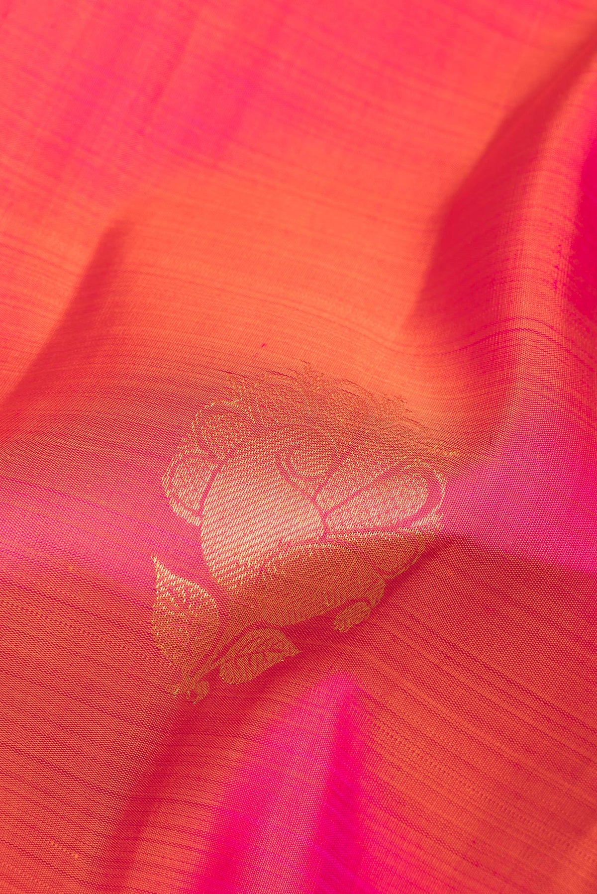 Close up of Pure Silk Orange Dual Tone Kanchipuram Saree with Zari Butta on the body and Zari Border.  displaying folds