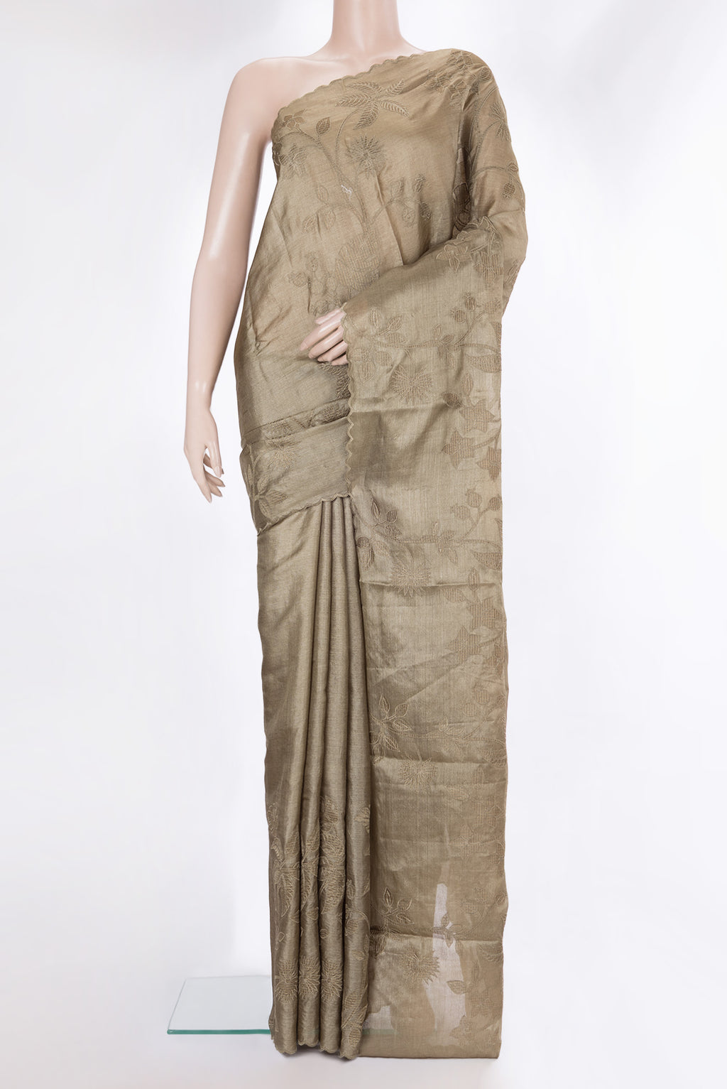 Brown Tussar Saree with Embroidery on the body and Embroidery Border.  displayed on a mannequin