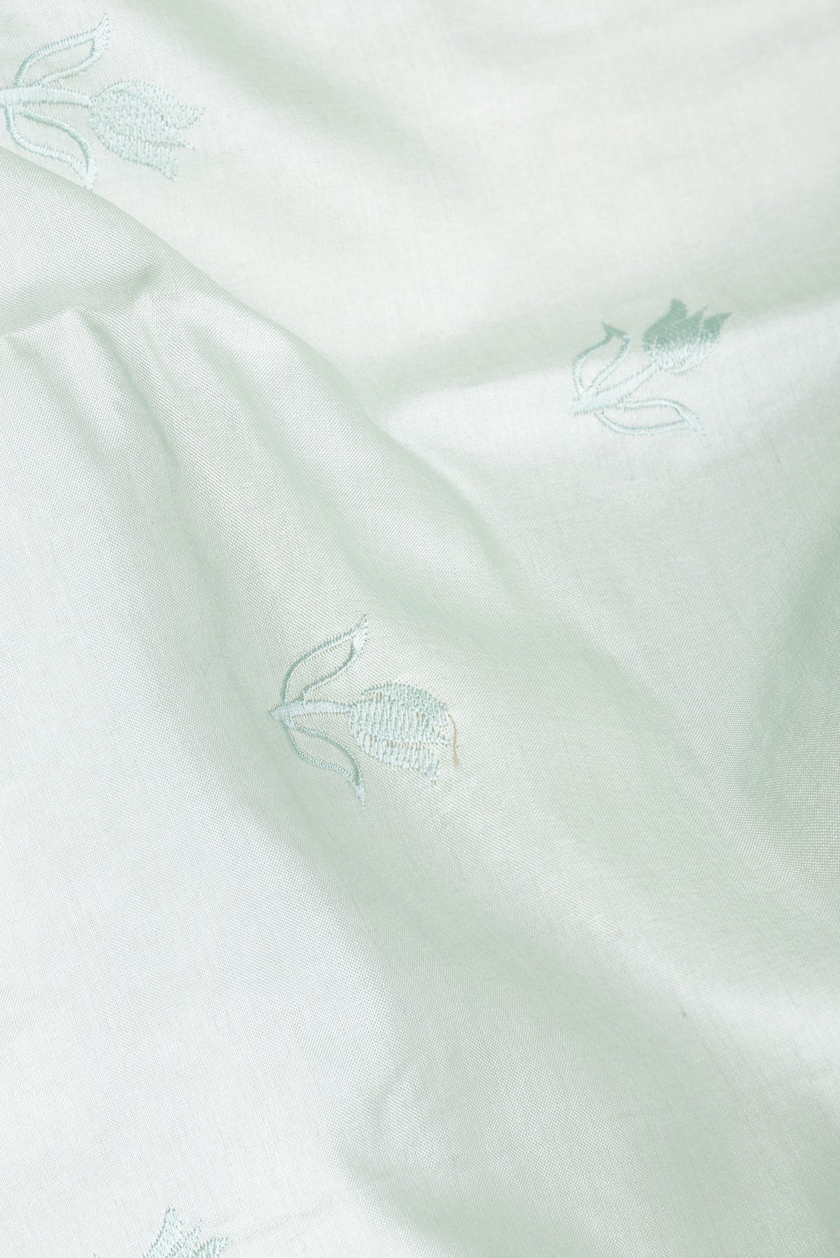 Close up of Pure Silk Mint Green Dual Tone Tussar Saree with Embroidery on the body and Embroidery Border.  displaying folds