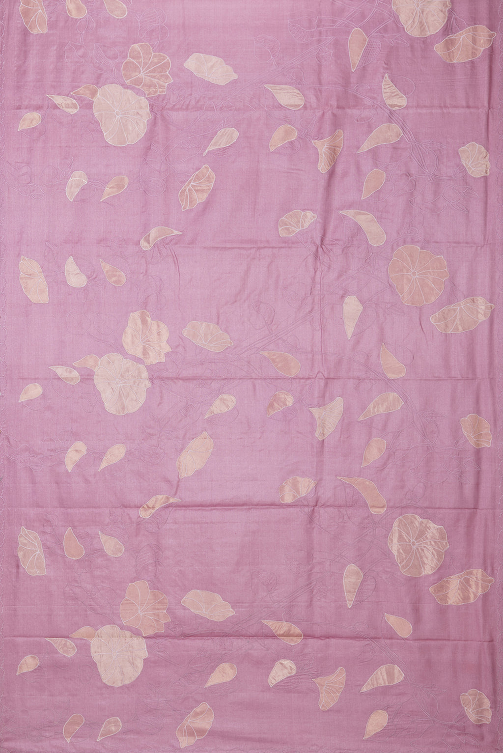Flat view of Rose Gold Tussar Saree with Embroidery on the body and Embroidery Border. 