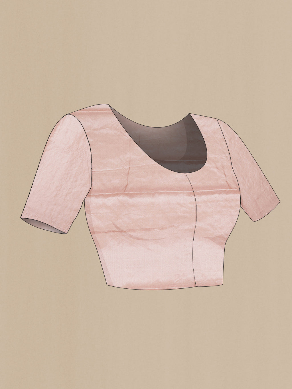 Close up image of the blouse of Rose Gold Tussar Saree with Embroidery on the body and Embroidery Border. 