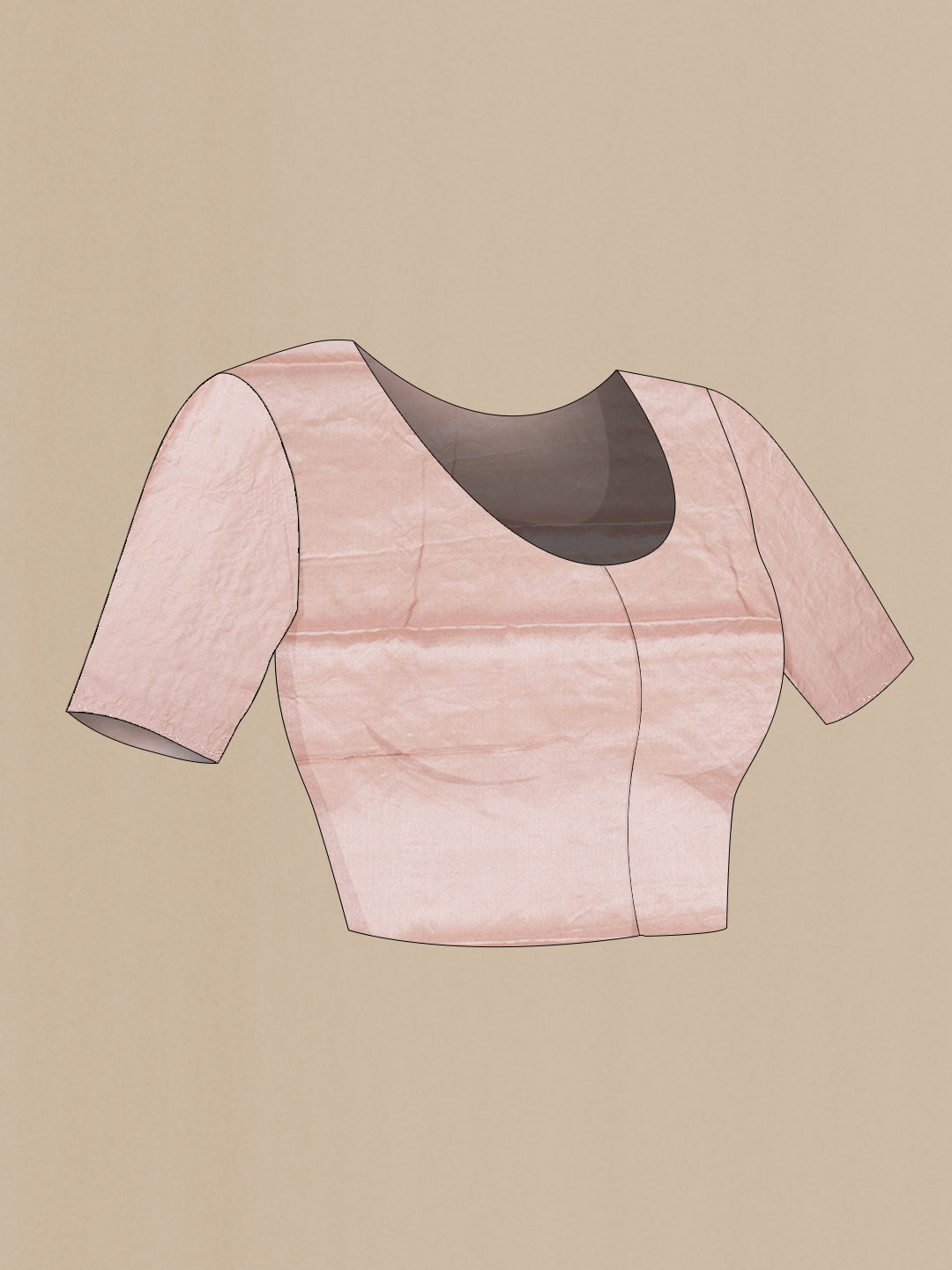Close up image of the blouse of Rose Gold Tussar Saree with Embroidery on the body and Embroidery Border. 