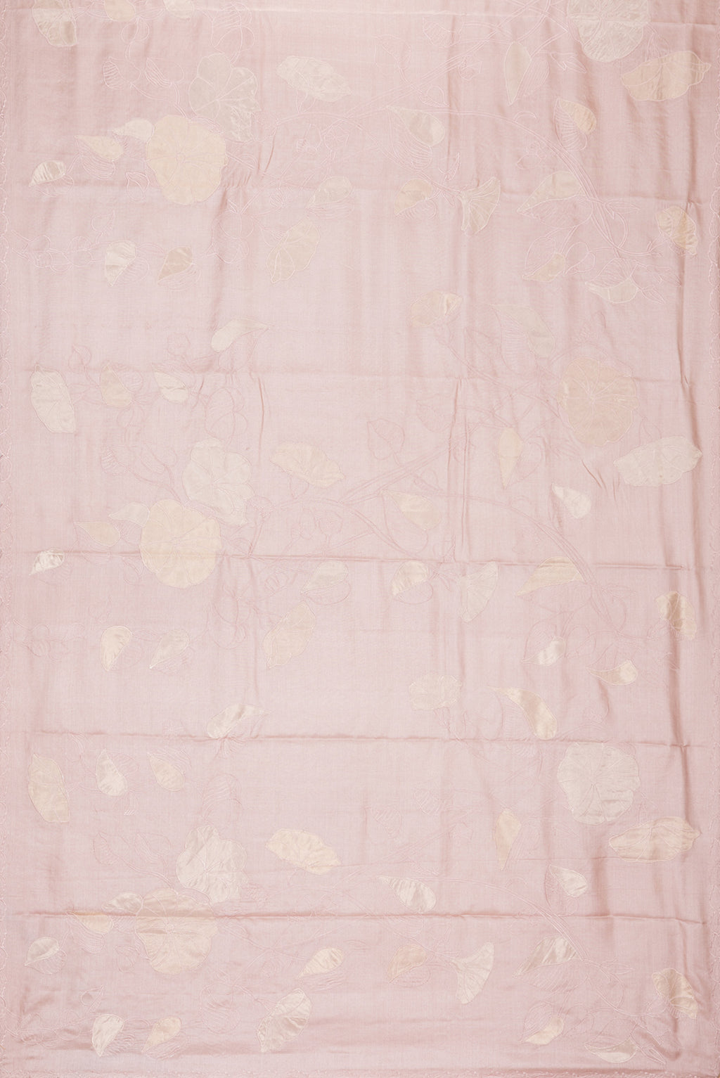 Flat view of Rose Gold Tussar Saree with Embroidery on the body and Embroidery Border. 