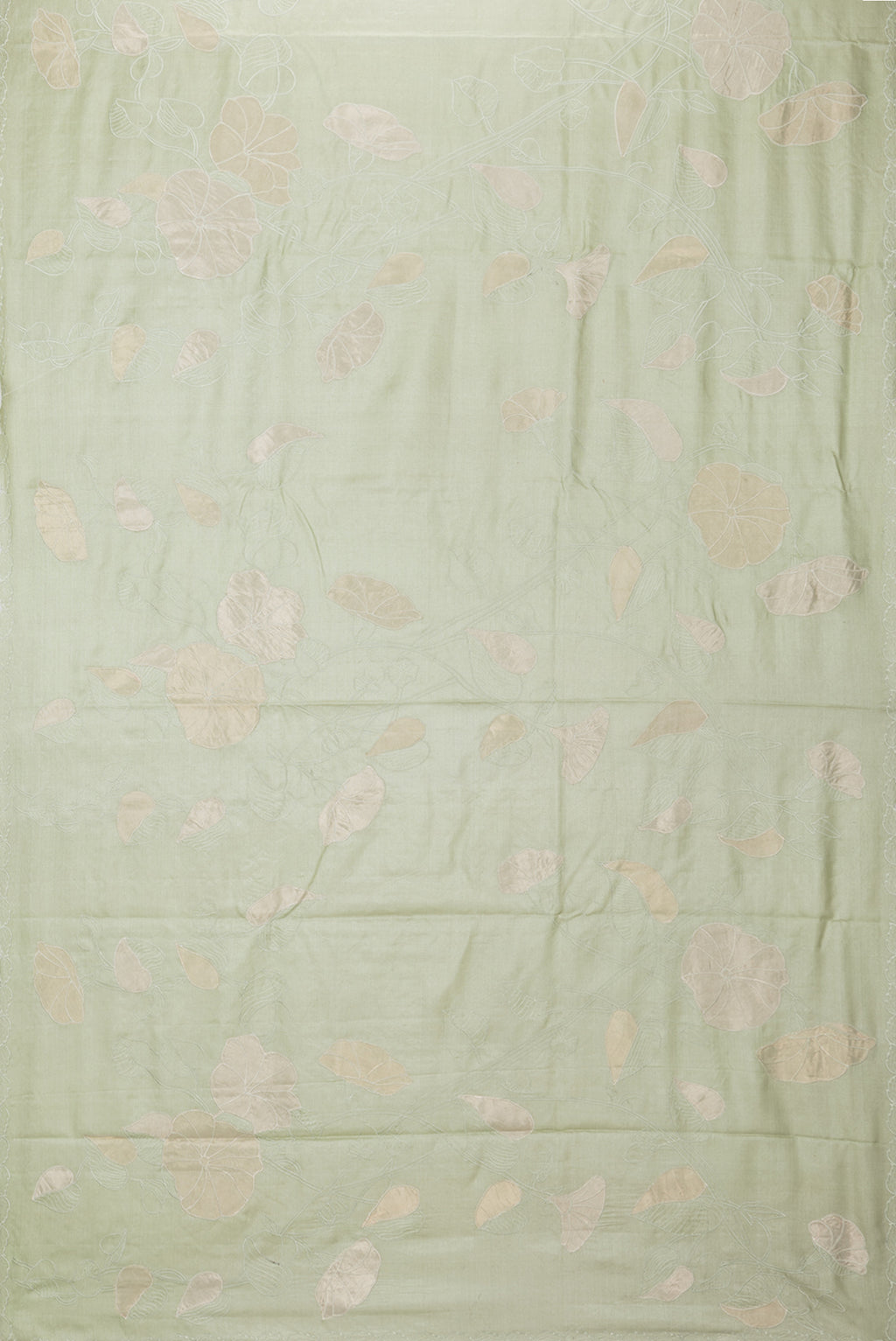 Flat view of Pista Green Tussar Saree with Embroidery on the body and Embroidery Border. 
