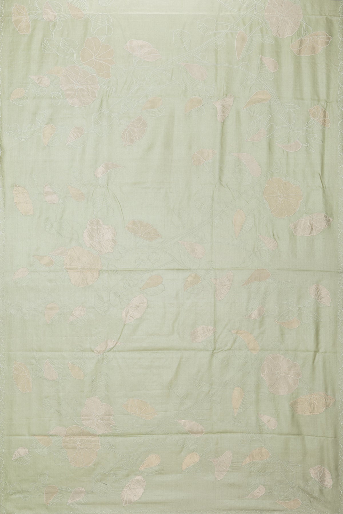 Flat view of Pista Green Tussar Saree with Embroidery on the body and Embroidery Border. 
