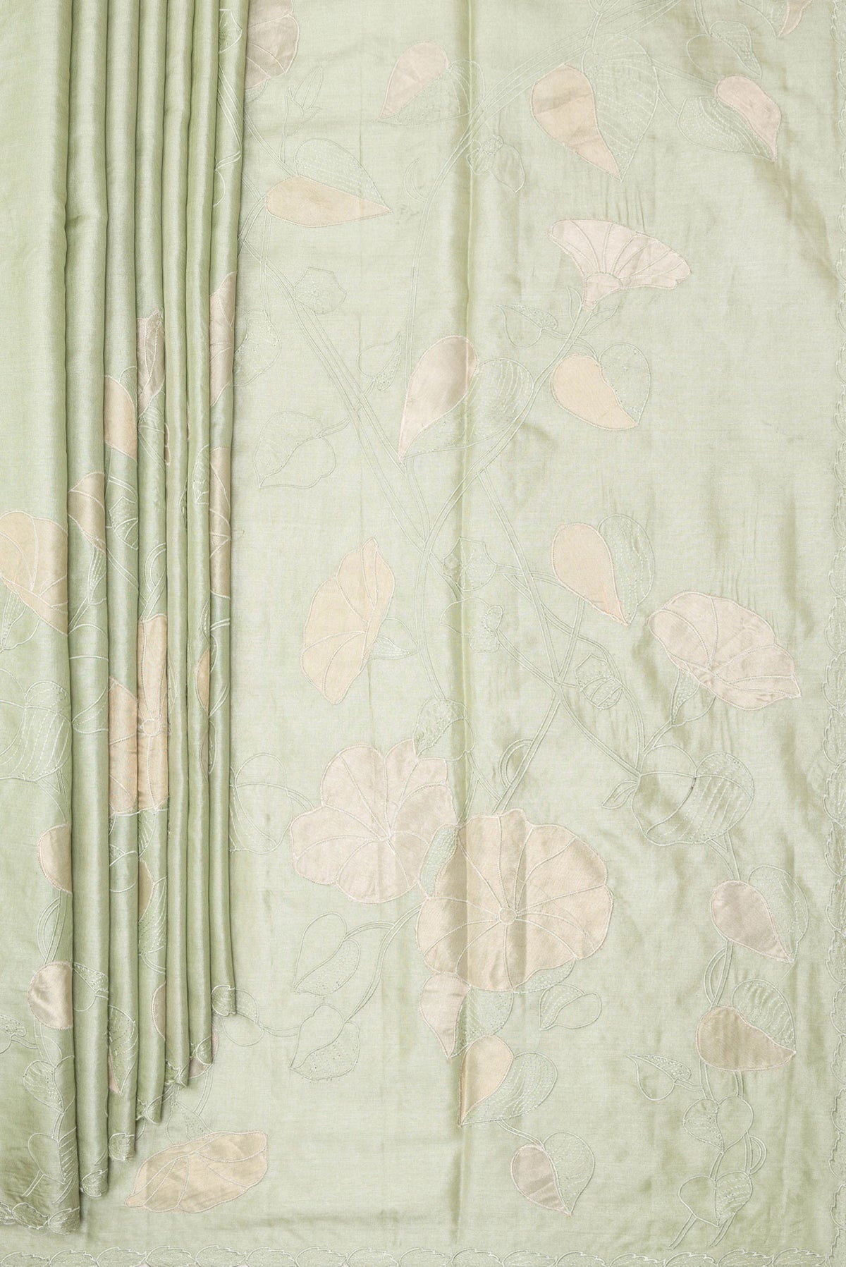 Pleats and pallu of Pista Green Tussar Saree with Embroidery on the body and Embroidery Border. 