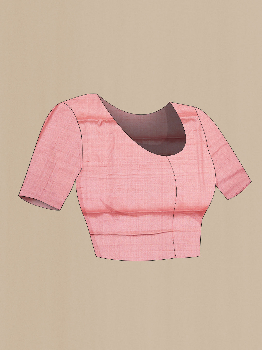 Close up image of the blouse of Peach Tussar Saree with Embroidery on the body and Embroidery Border. 