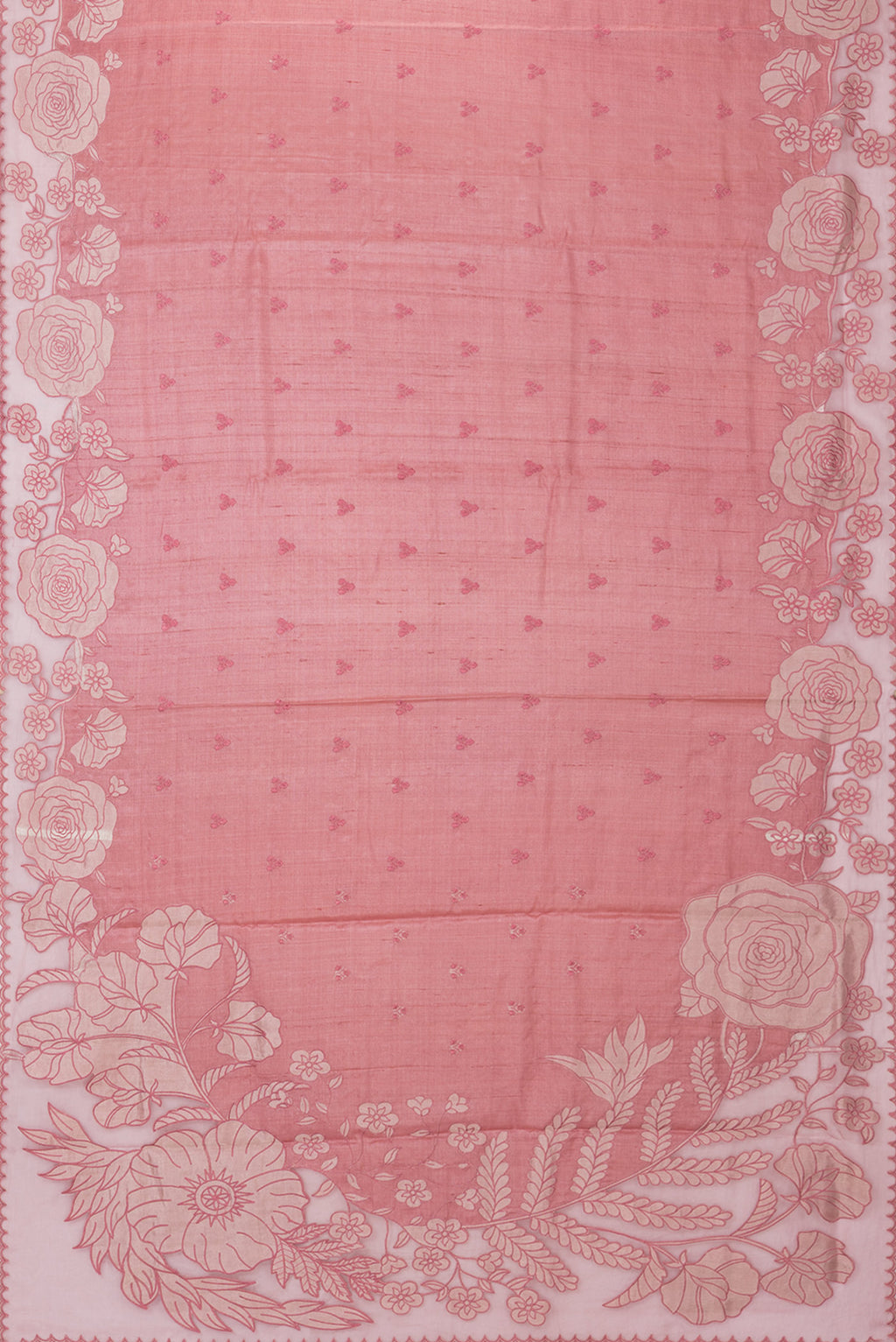 Flat view of Peach Tussar Saree with Embroidery on the body and Embroidery Border. 
