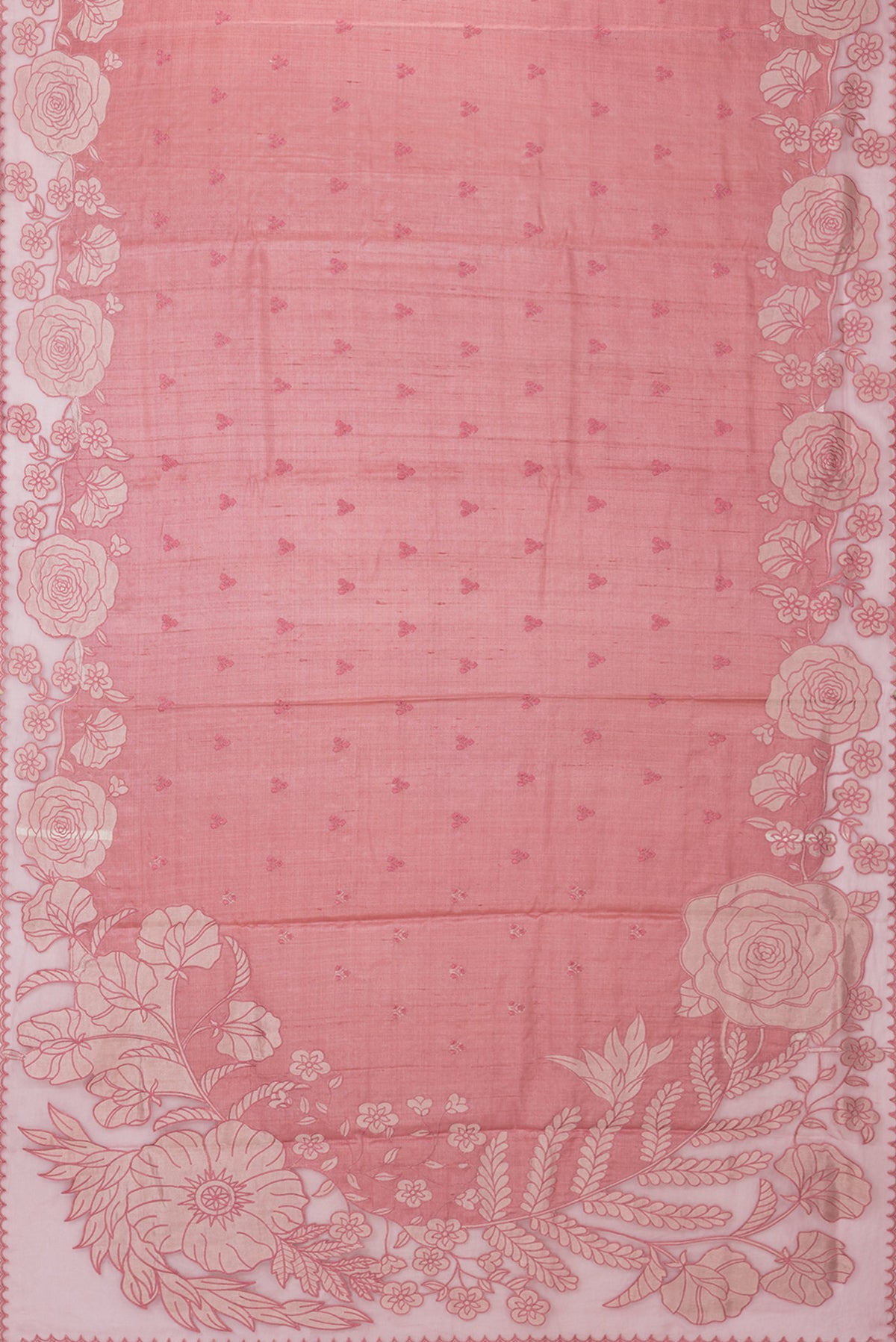 Flat view of Peach Tussar Saree with Embroidery on the body and Embroidery Border. 