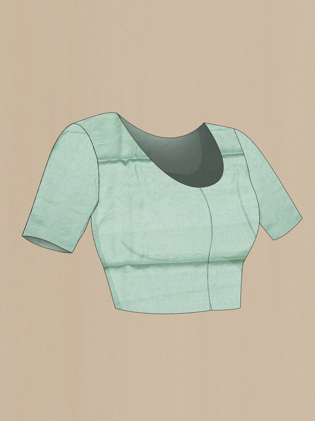 Close up image of the blouse of Pure Silk Mint Green Tussar Saree with Embroidery on the body and Embroidery Border. 