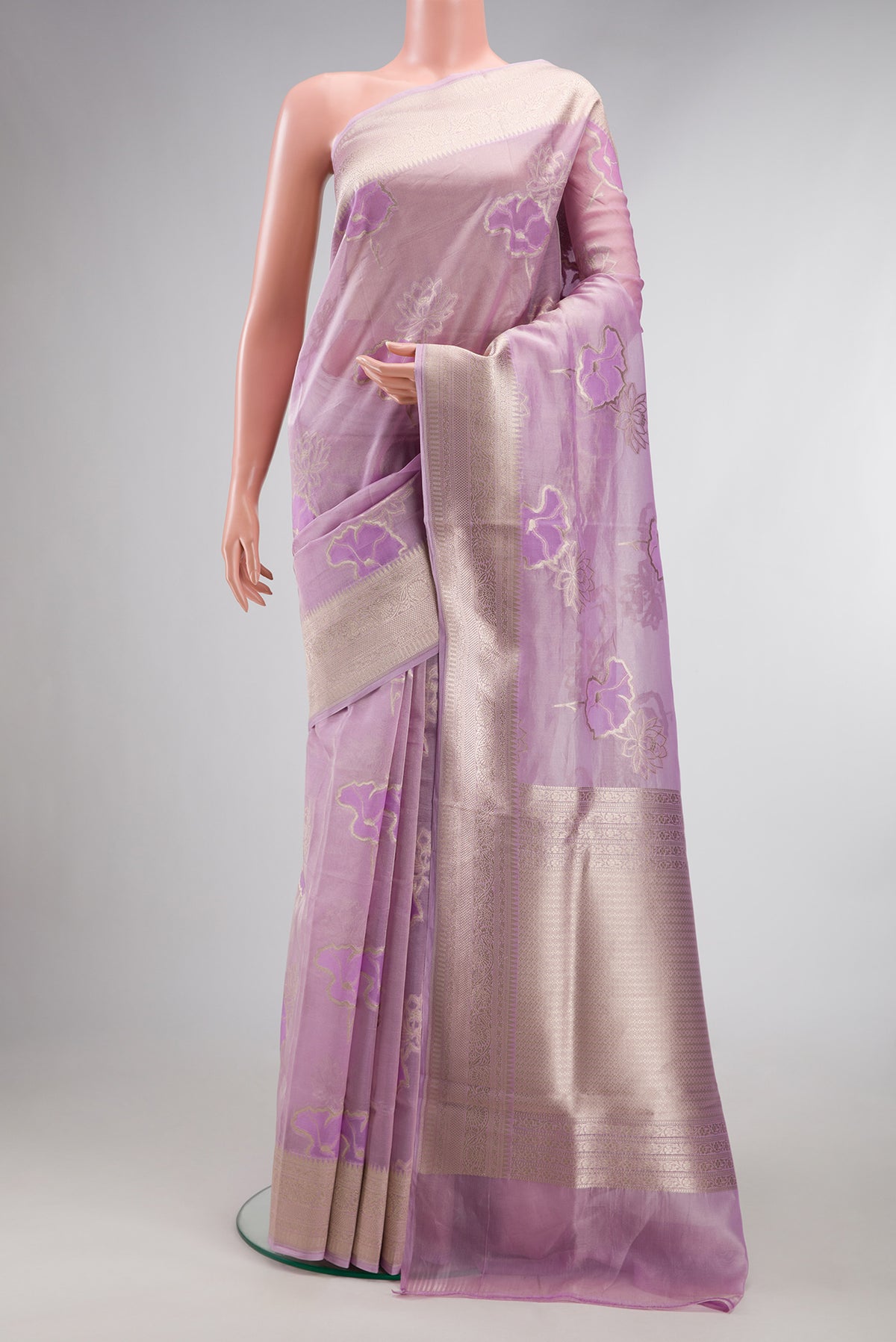 Lavender Dual Tone Banarasi Kora Saree with Zari Brocade on the body and Zari Border.  displayed on a mannequin