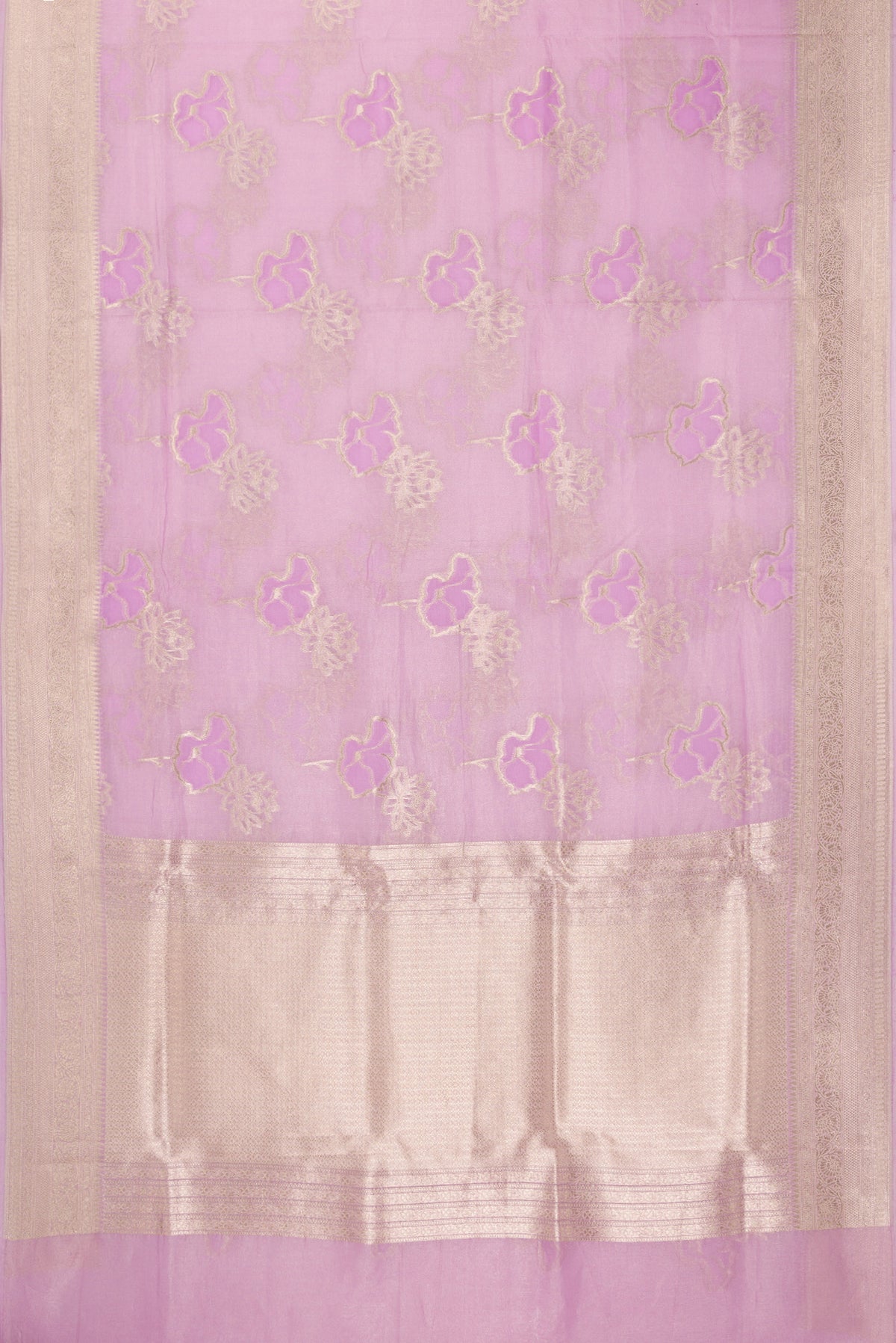 Flat view of Lavender Dual Tone Banarasi Kora Saree with Zari Brocade on the body and Zari Border. 