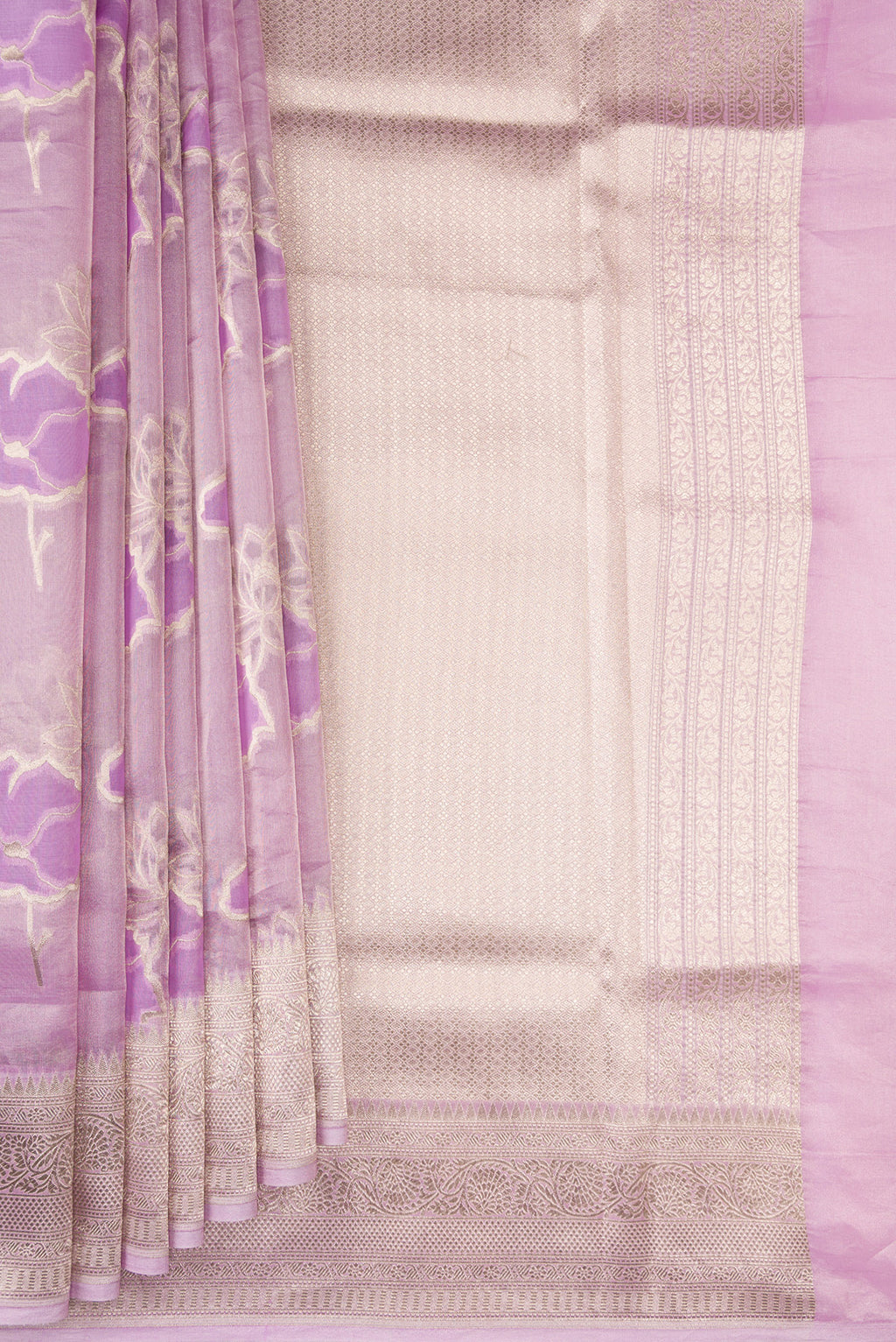 Pleats and pallu of Lavender Dual Tone Banarasi Kora Saree with Zari Brocade on the body and Zari Border. 