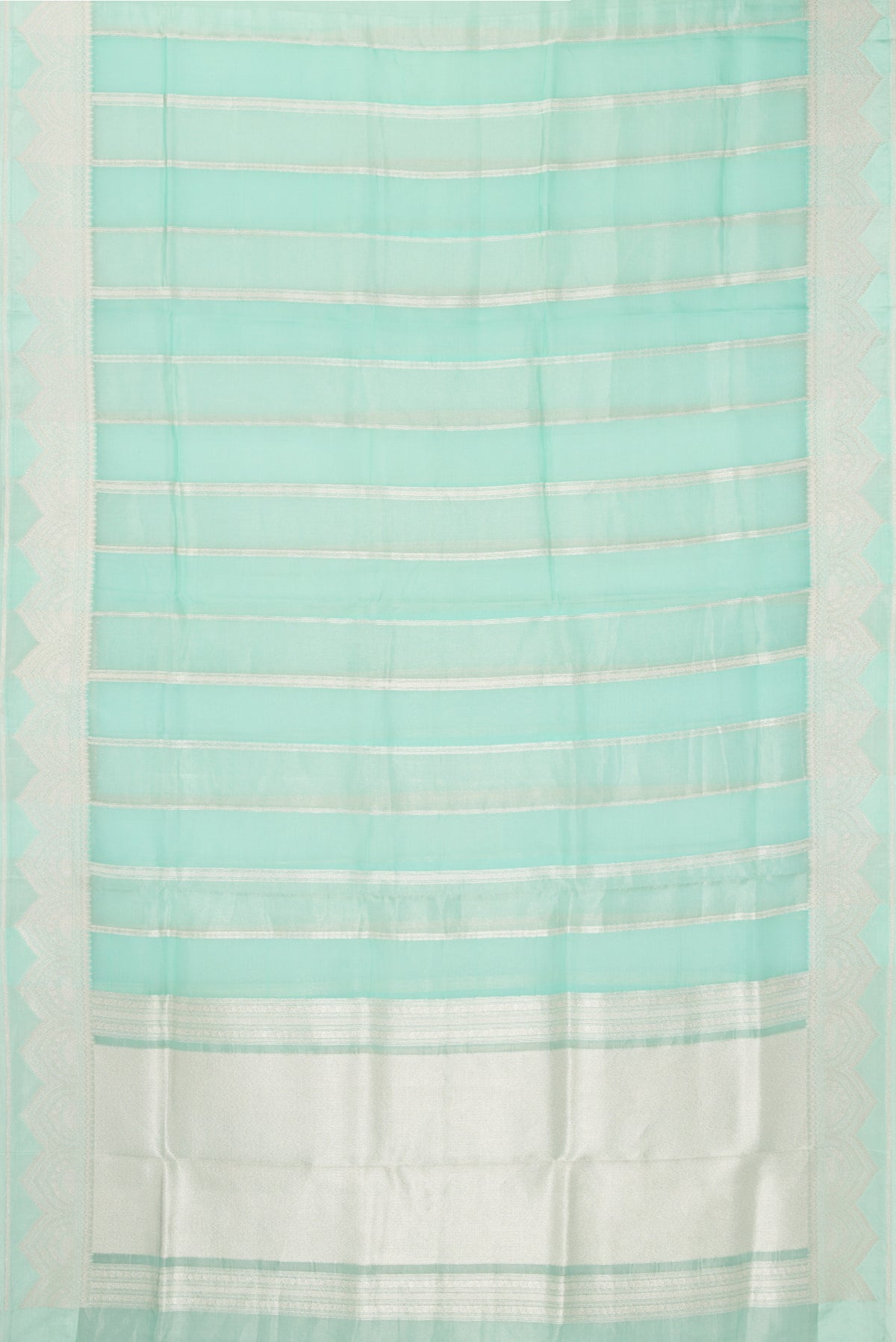 Flat view of Turquoise Dual Tone Banarasi Kora Saree with Stripes on the body and Zari Border. 