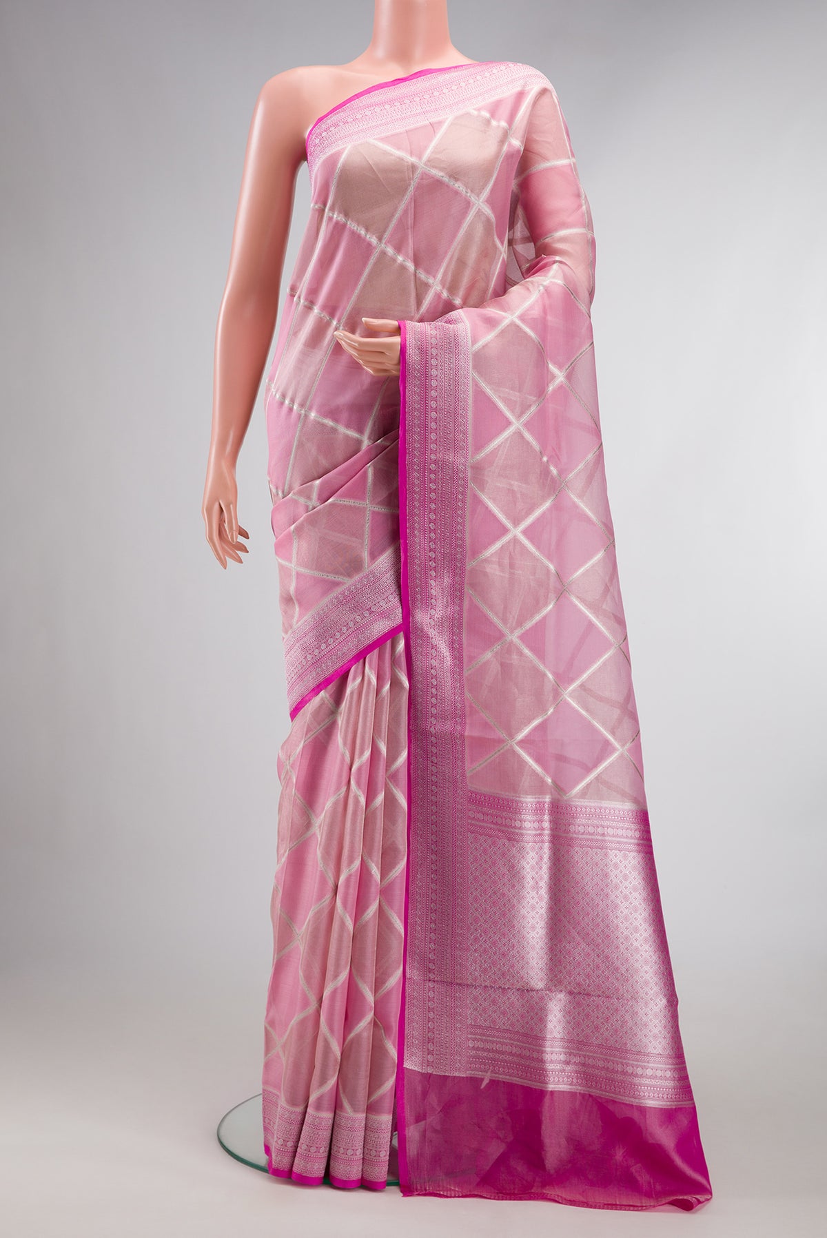 Pink Dual Tone Banarasi Kora Saree with Zari Brocade on the body and Zari Border.  displayed on a mannequin