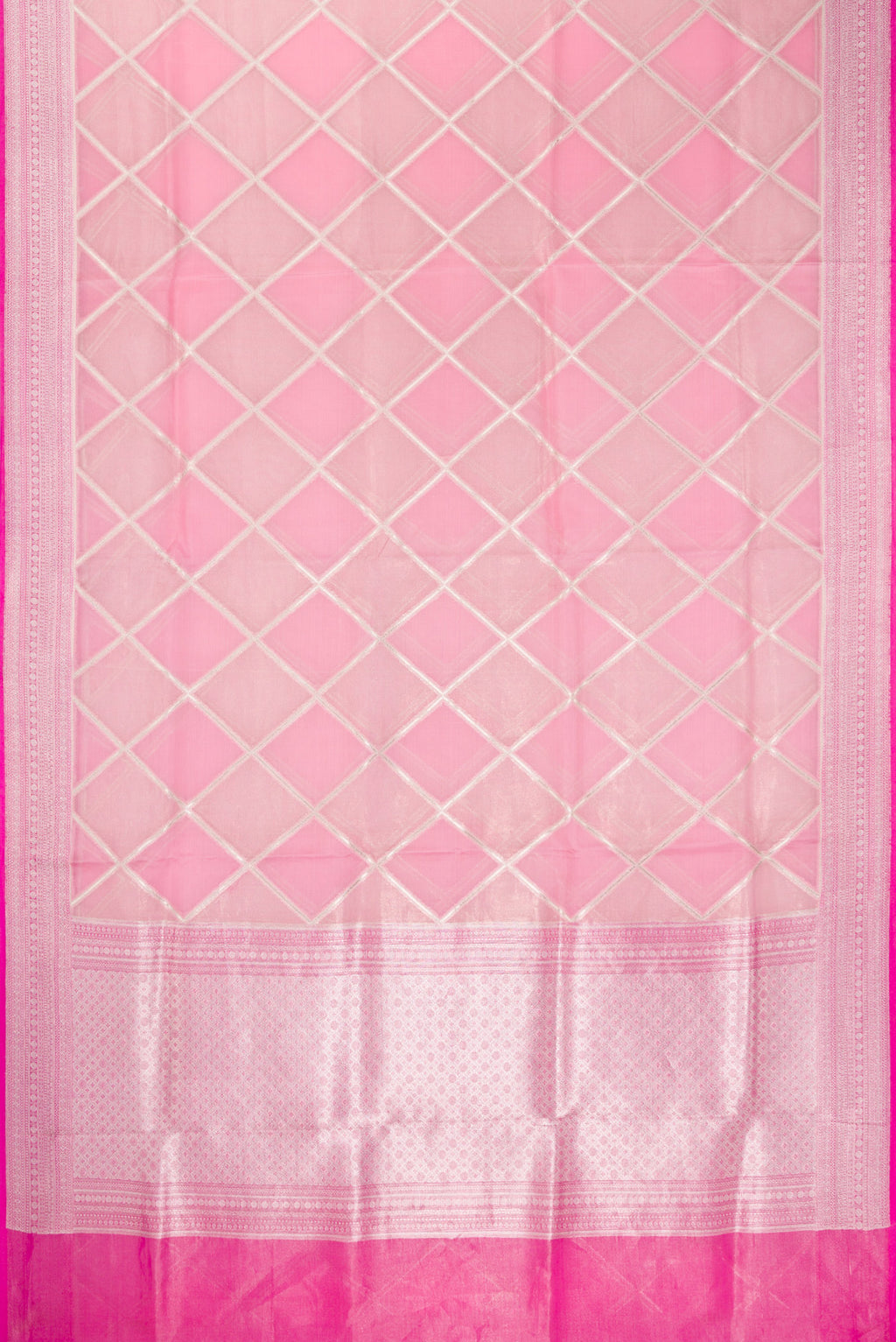 Flat view of Pink Dual Tone Banarasi Kora Saree with Zari Brocade on the body and Zari Border. 