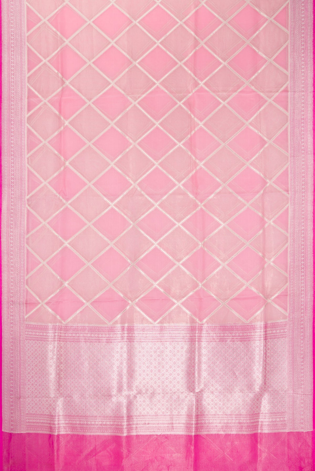 Flat view of Pink Dual Tone Banarasi Kora Saree with Zari Brocade on the body and Zari Border. 