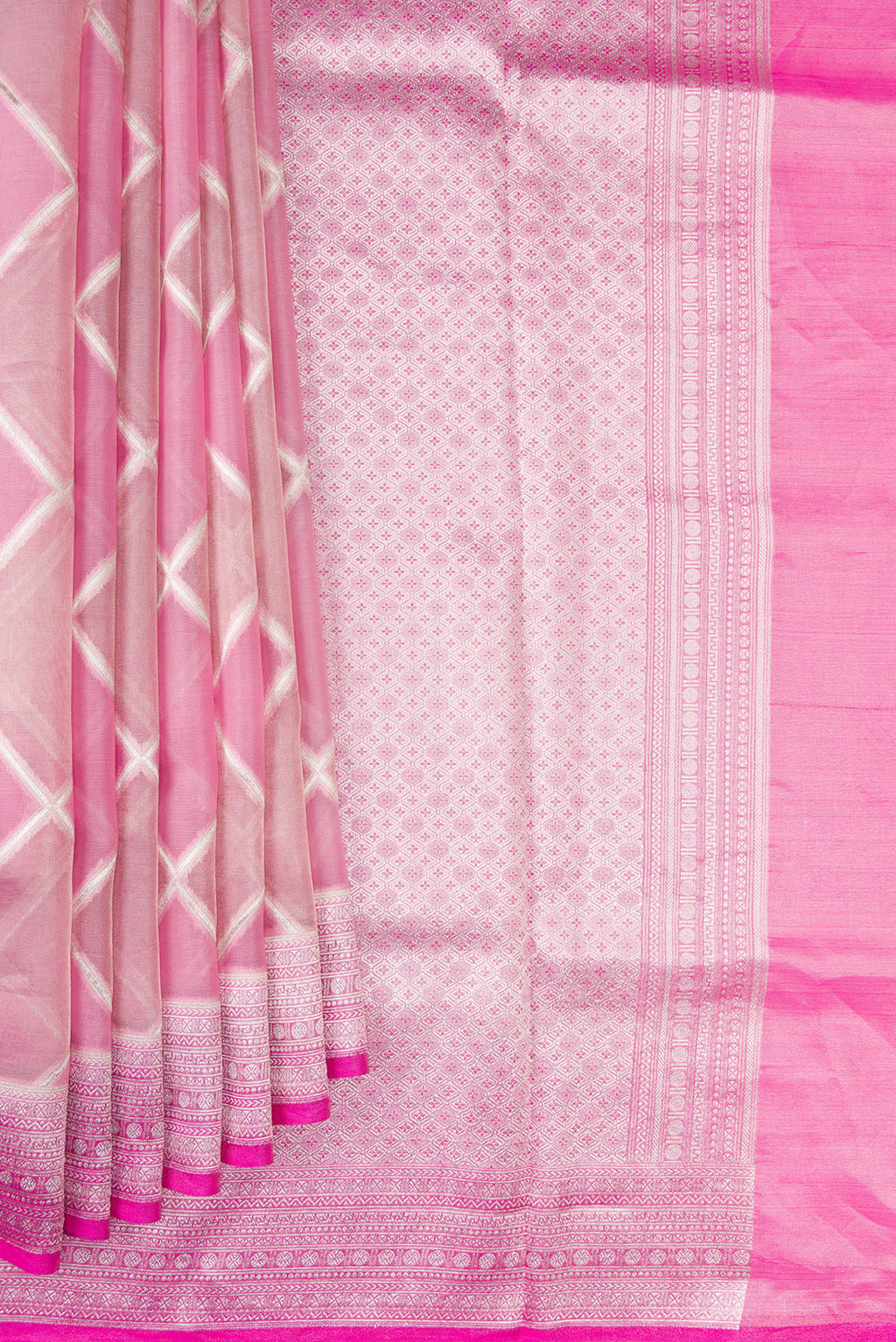 Pleats and pallu of Pink Dual Tone Banarasi Kora Saree with Zari Brocade on the body and Zari Border. 