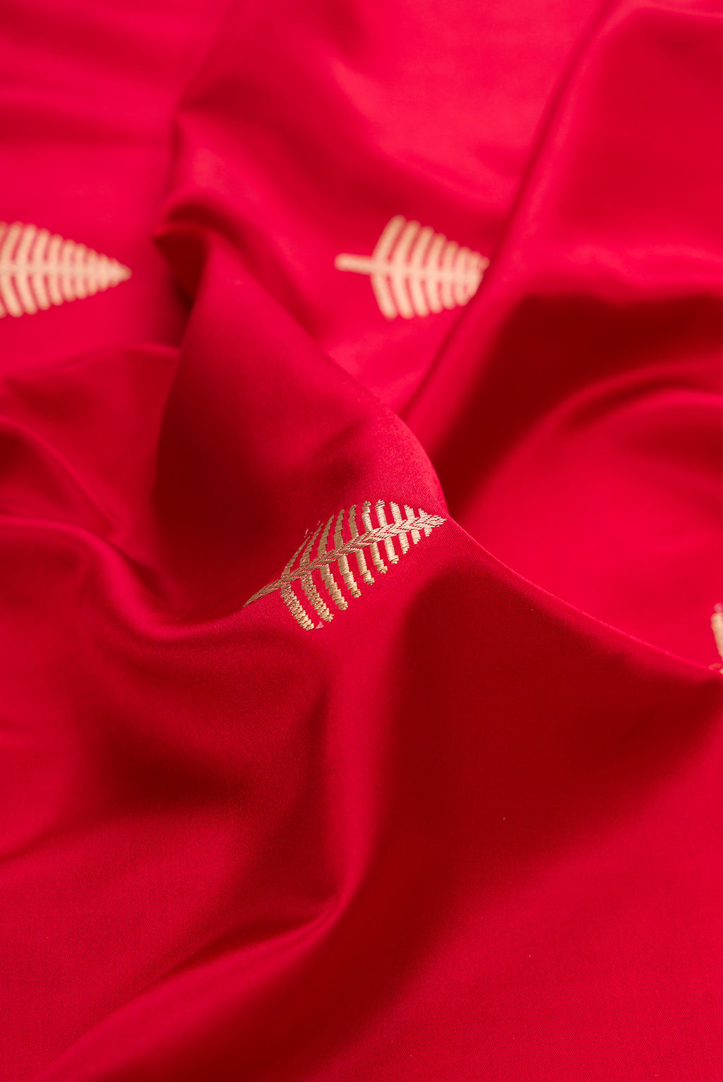 Close up of Pure Silk Red Banarasi Saree with Zari Butta on the body and Fancy Border.  displaying folds